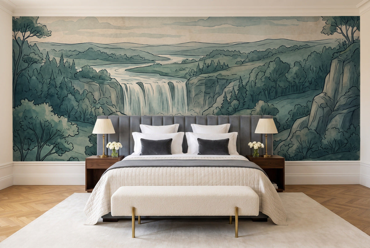 Teal Waterfall Landscape Mural in a bedroom
