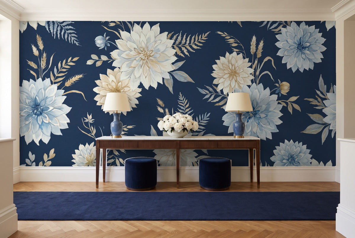 Navy Dahlia Floral Mural in an entryway