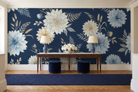 Navy Dahlia Floral Mural in an entryway