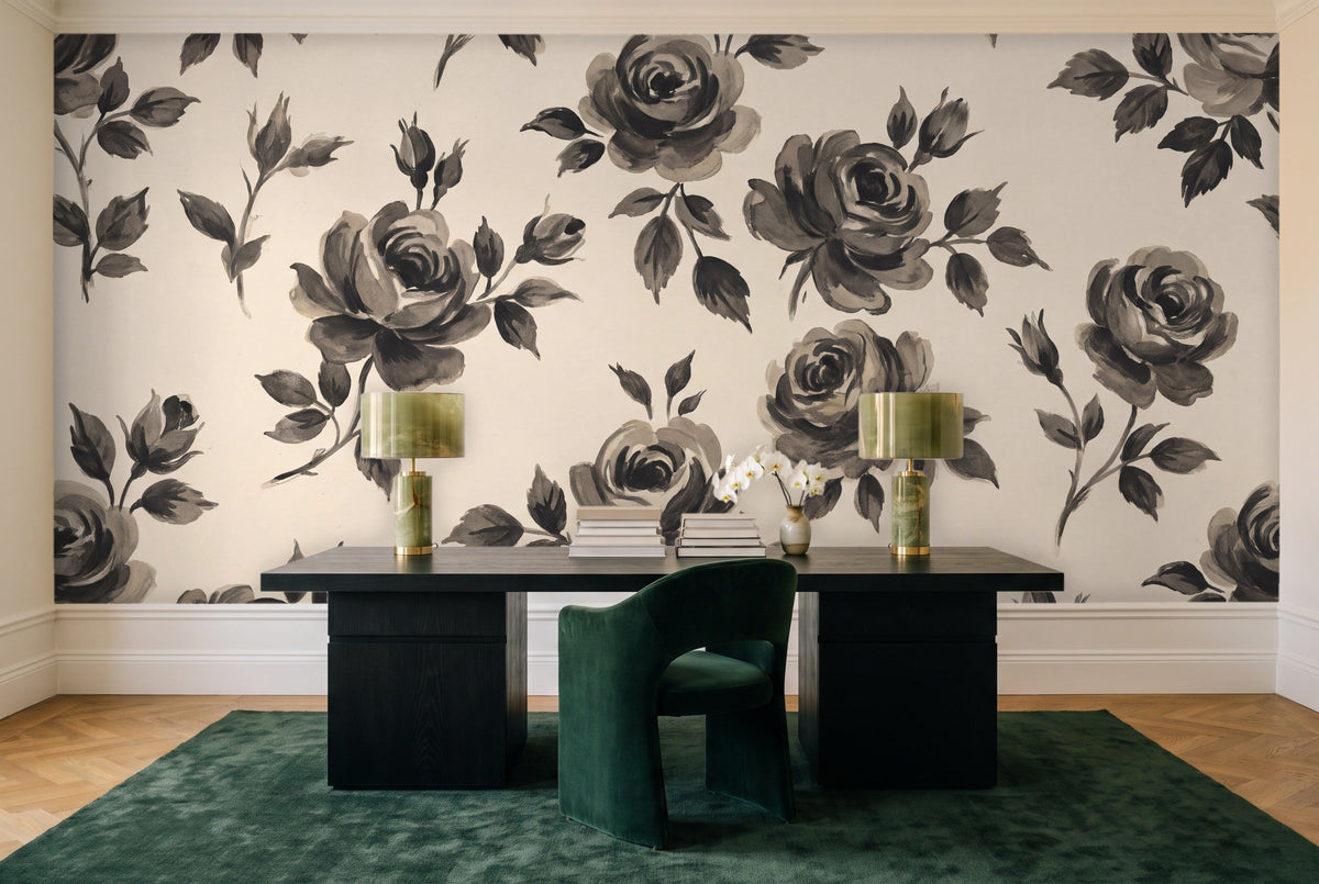 Black And White Rose Floral Mural in a home office