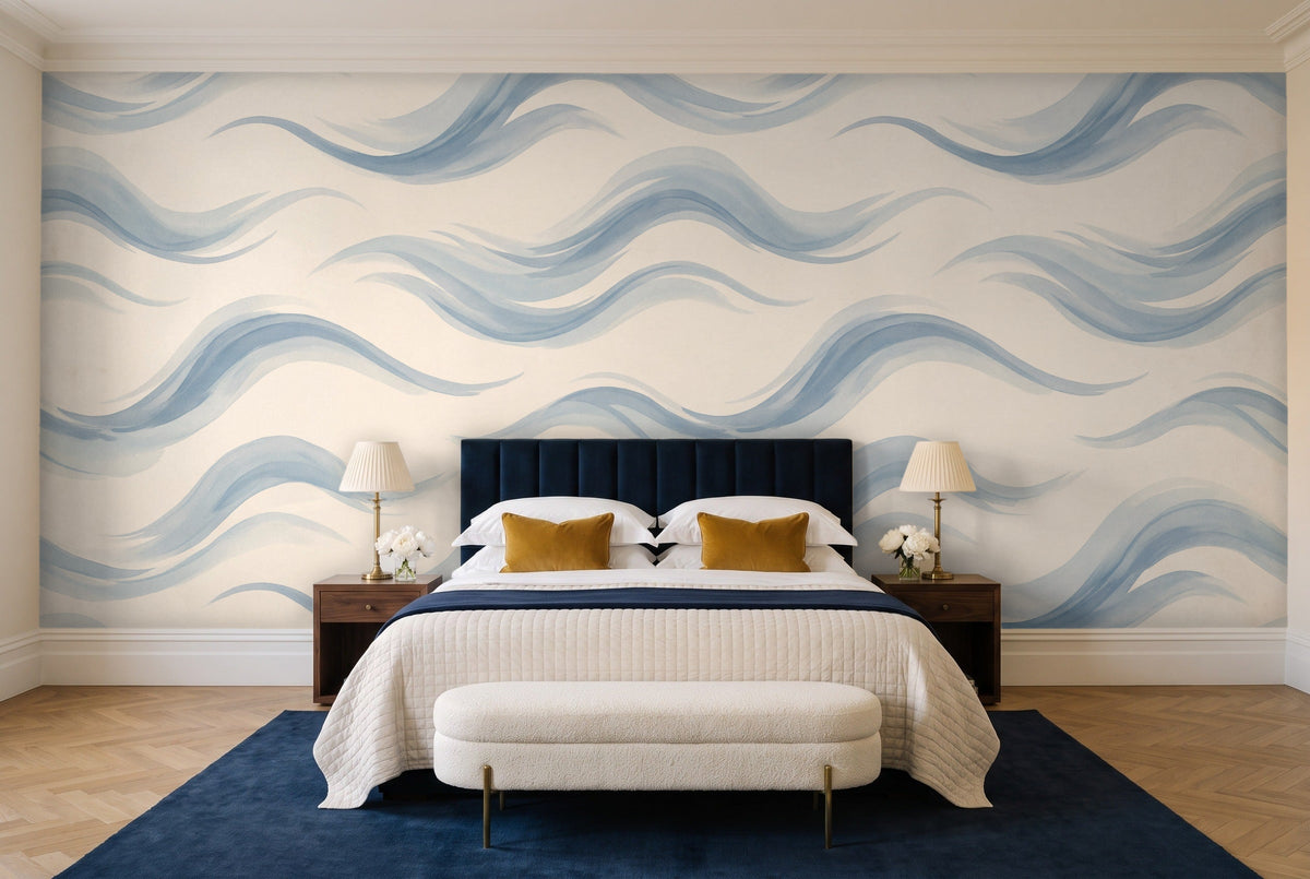 Light Blue Wave Abstract Mural in a bedroom