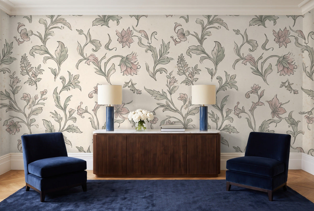 Green And Pink Leaf Botanical Mural in a living room