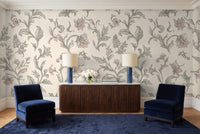 Green And Pink Leaf Botanical Mural in a living room
