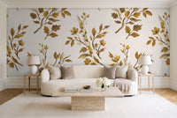 Mustard Birch Botanical Mural in a living room