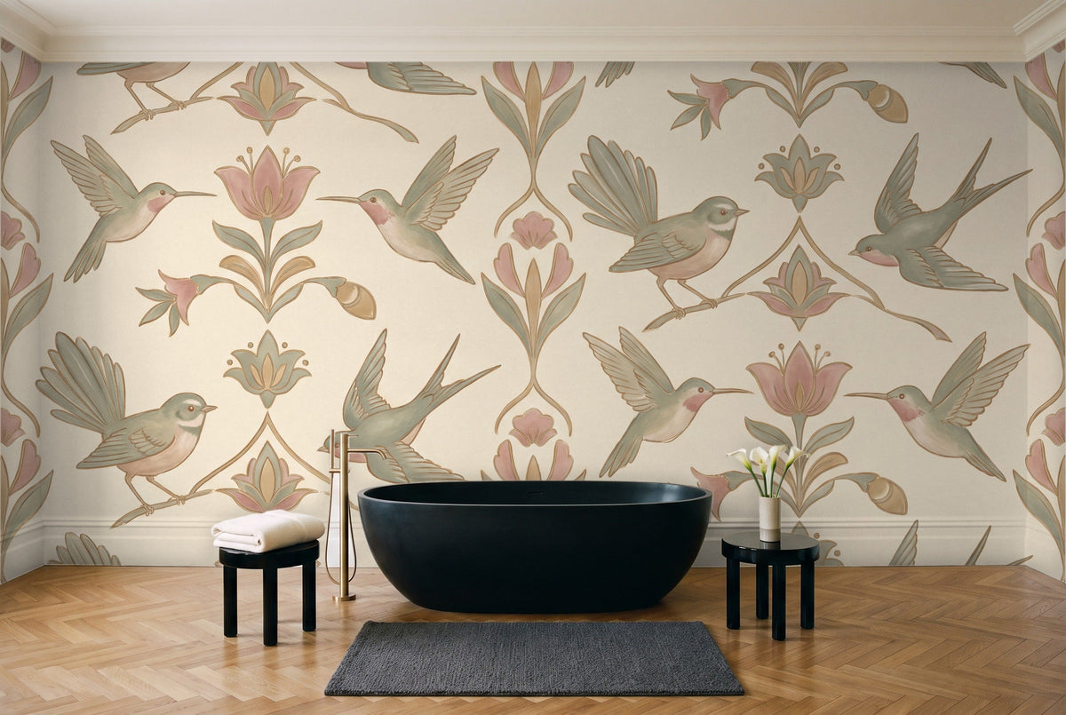 Green And Pink Songbird Animal Mural in a bathroom