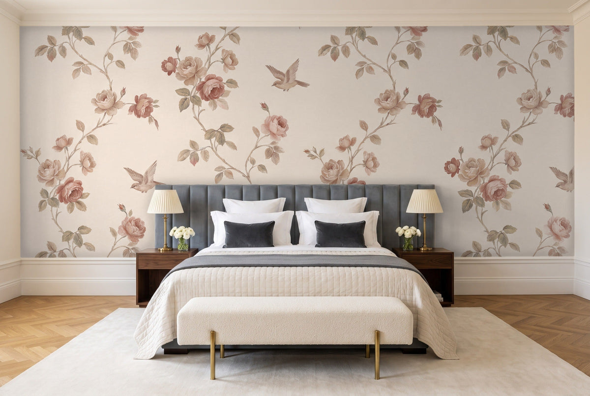 Blush Rose Floral Mural in a bedroom