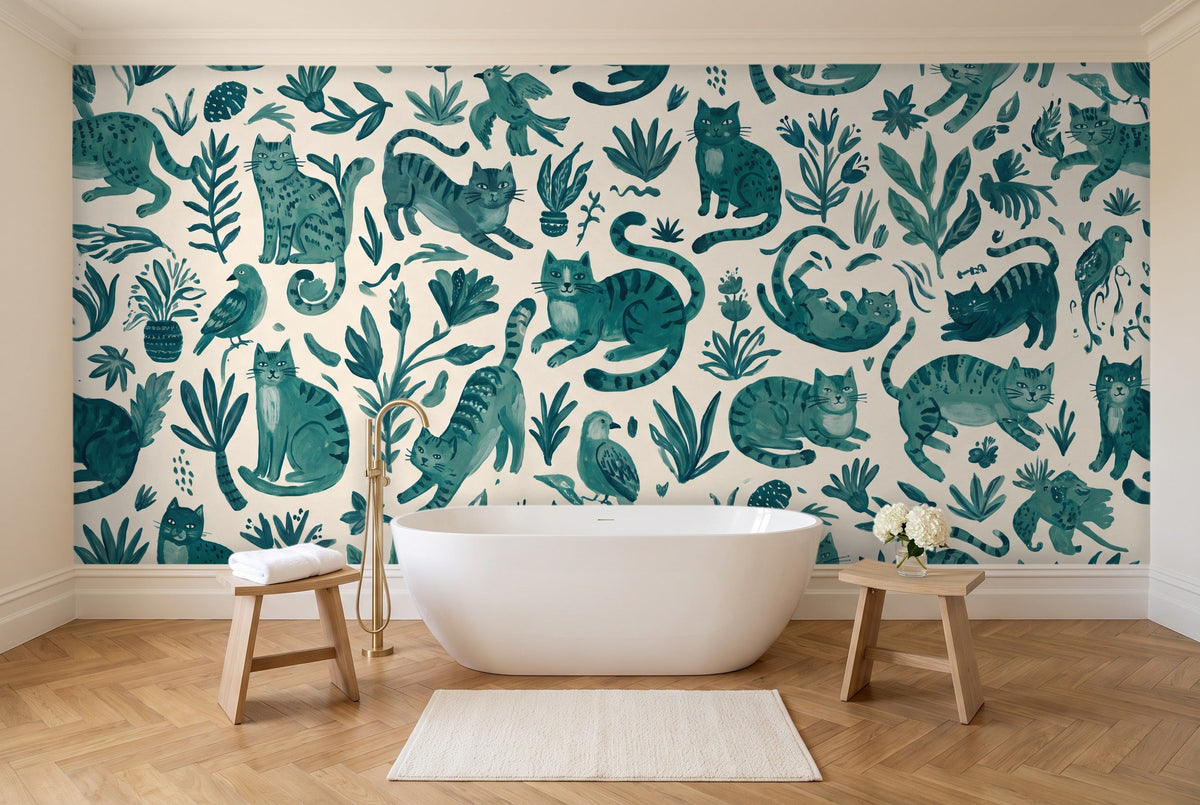 Teal Cat Animal Mural in a bathroom