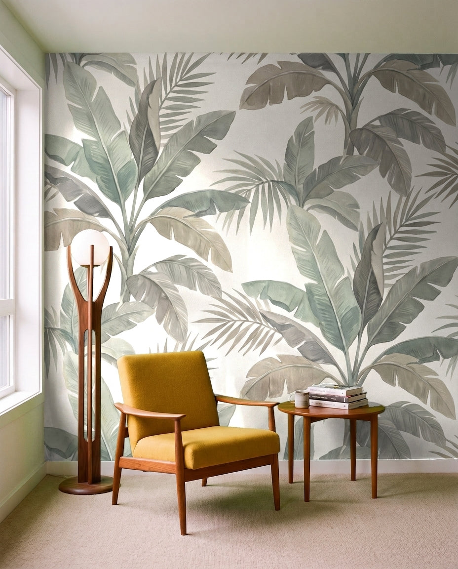 Sage Banana-leaf Tropical Mural on a feature wall