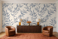 Blue And Grey Olive Branch Botanical Mural in a living room