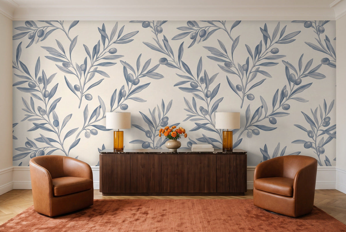 Blue And Grey Olive Branch Botanical Mural in a living room