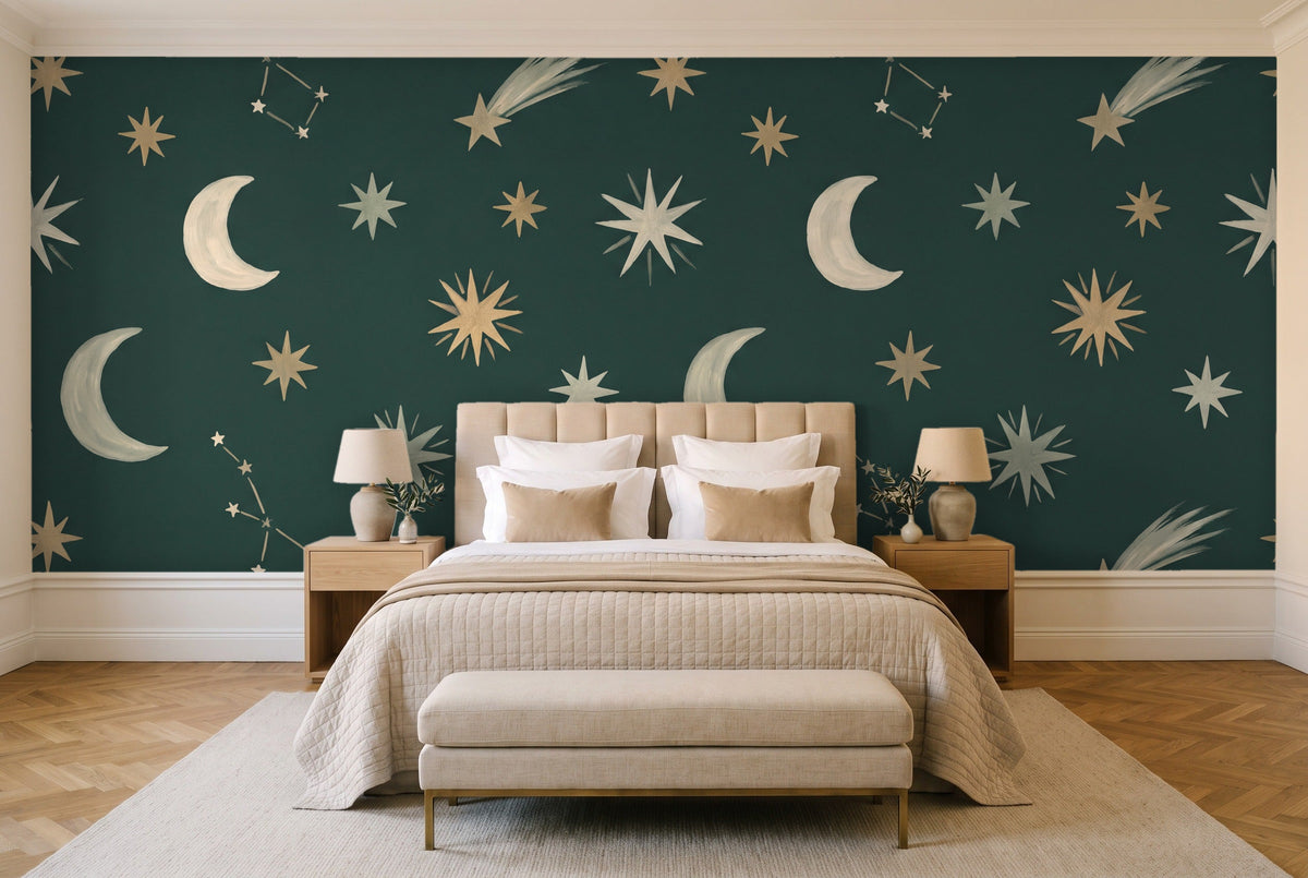 Emerald Stars Celestial Mural in a bedroom