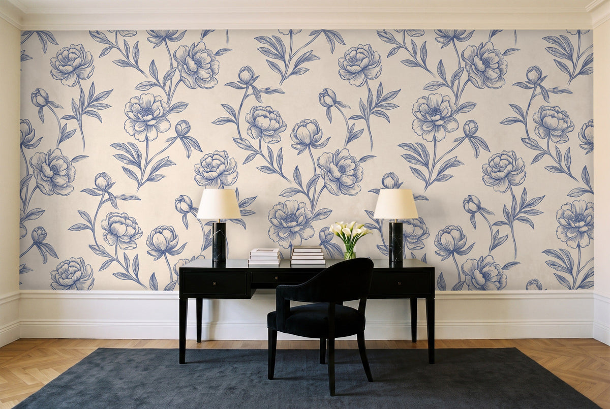 Blue And White Peony Floral Mural in a home office