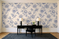 Blue And White Peony Floral Mural in a home office