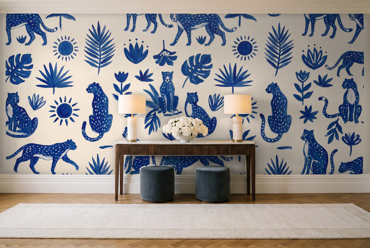 Blue And White Cheetah Animal Mural in an entryway