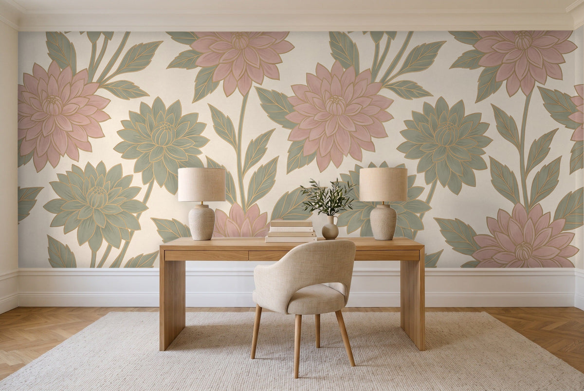 Green And Pink Dahlia Floral Mural in a home office