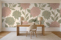 Green And Pink Dahlia Floral Mural in a home office