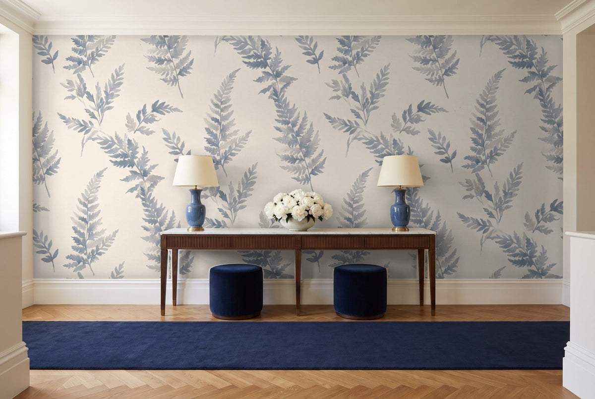 Blue And Grey Fern Botanical Mural in an entryway