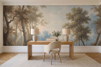 Light Blue Forest Landscape Mural in a home office
