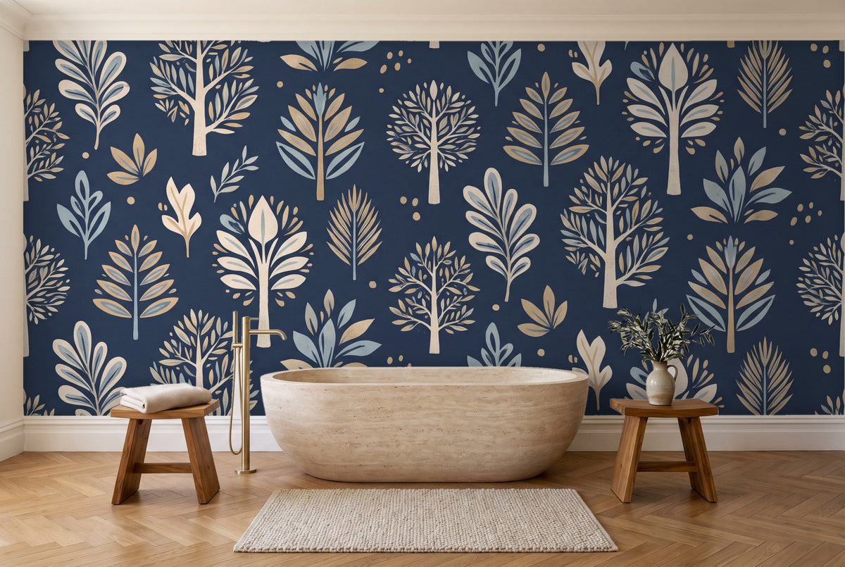 Navy Tree Botanical Mural in a bathroom
