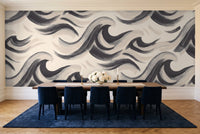 Black And White Wave Abstract Mural in a dining room