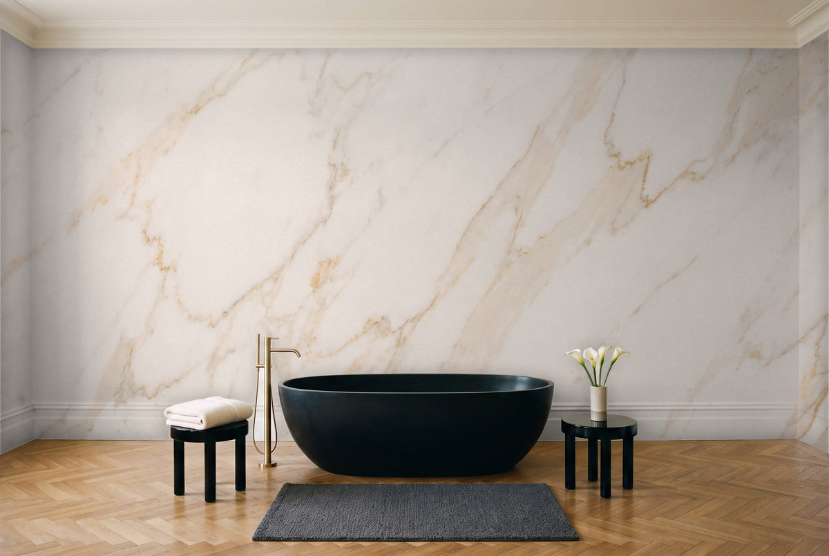 White And Gold Marble Mural in a bathroom