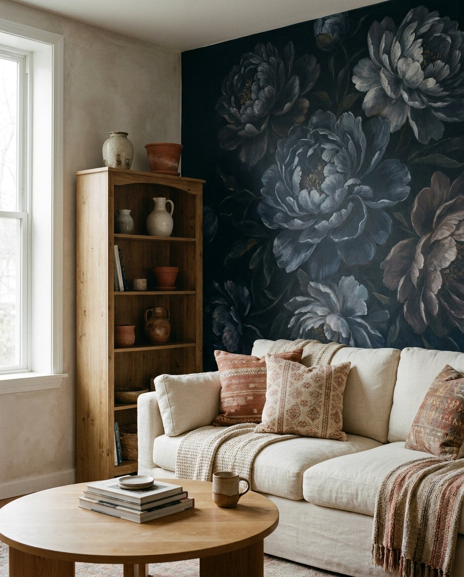 Navy Peony Floral Mural design