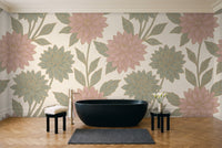 Green And Pink Dahlia Floral Mural in a bathroom