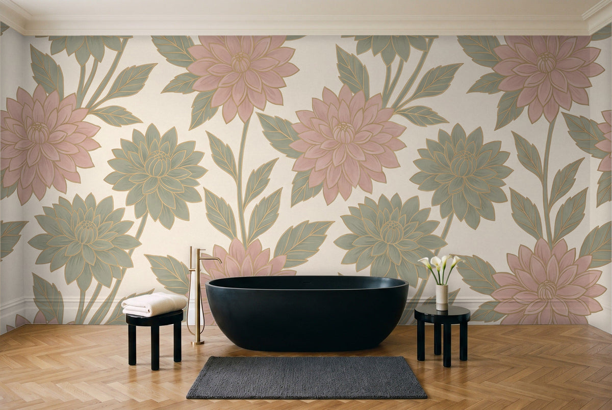 Green And Pink Dahlia Floral Mural in a bathroom