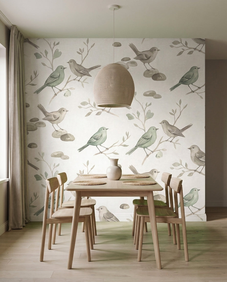 Sage Songbird Animal Mural on a feature wall