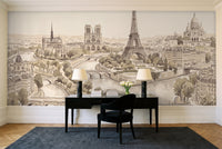 Beige Paris Cityscape Mural in a home office