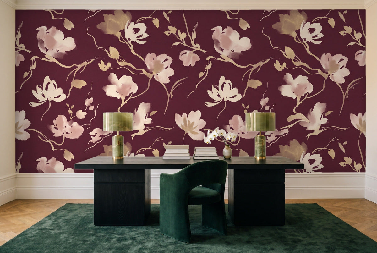 Burgundy Brushstroke Abstract Mural in a home office