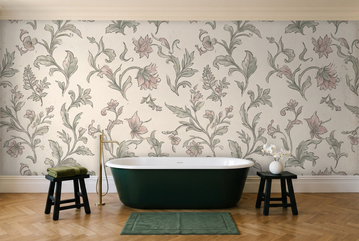 Green And Pink Leaf Botanical Mural in a bathroom