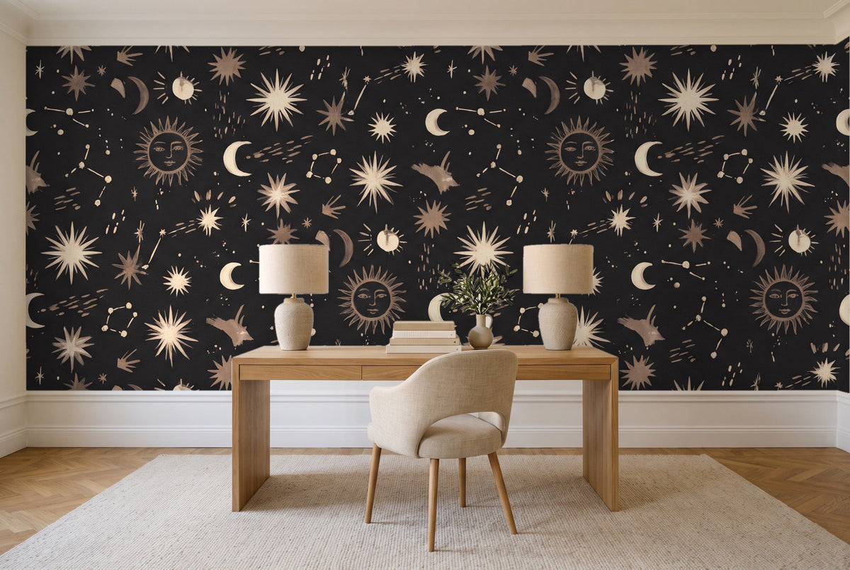 Charcoal Stars Celestial Mural in a home office
