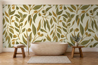Olive Eucalyptus Botanical Mural in a bathroom