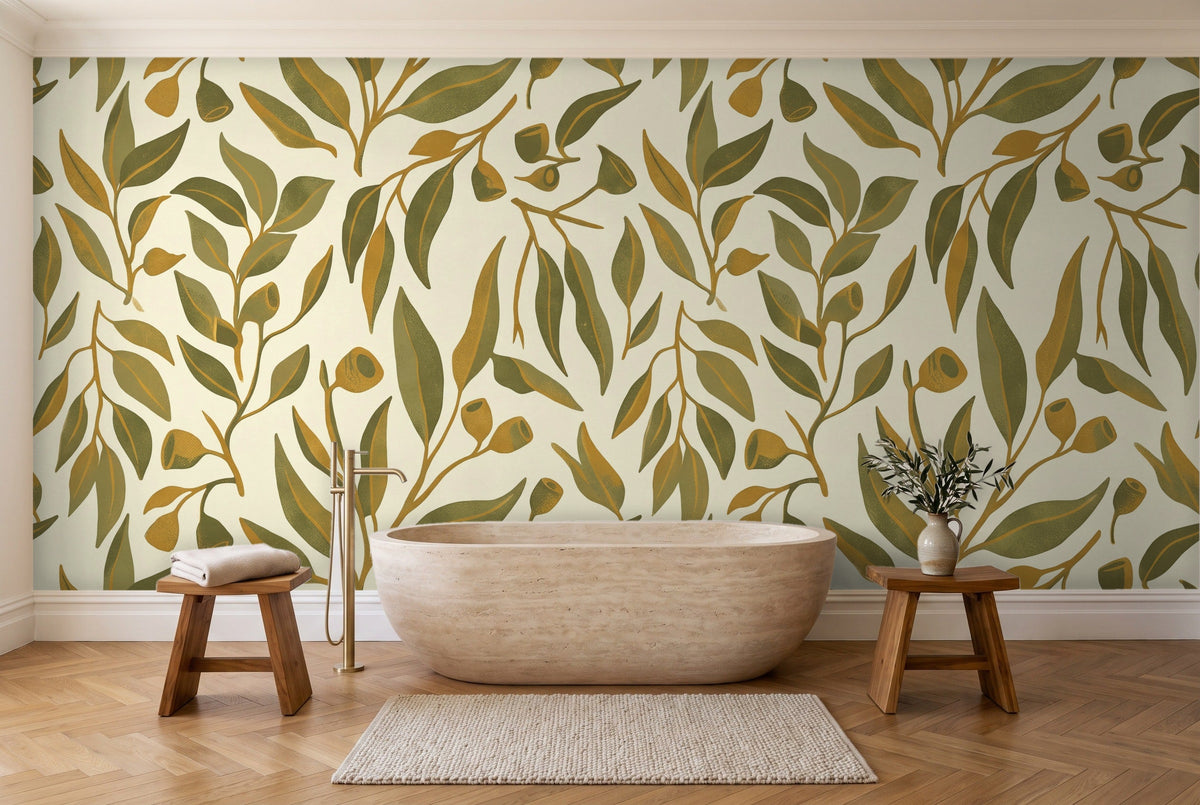 Olive Eucalyptus Botanical Mural in a bathroom