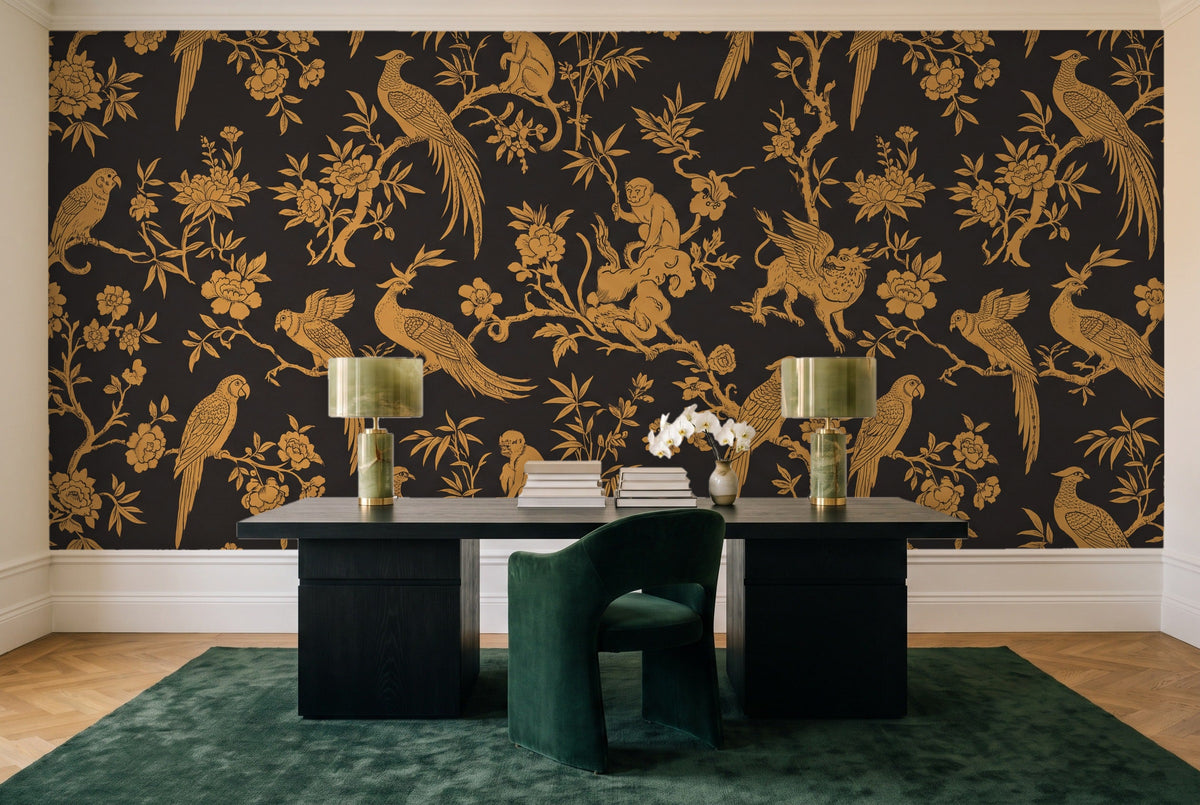 Black And Gold Parrot Animal Mural in a home office