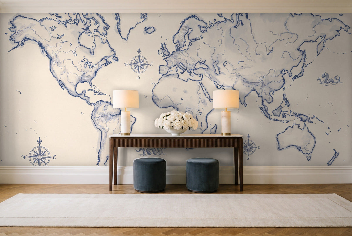 Blue And White World Map Map Mural in an entryway