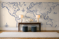 Blue And White World Map Map Mural in an entryway