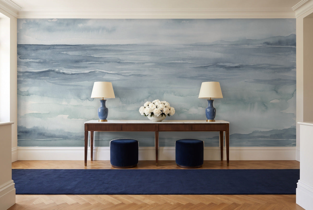 Blue Ocean Landscape Mural in an entryway
