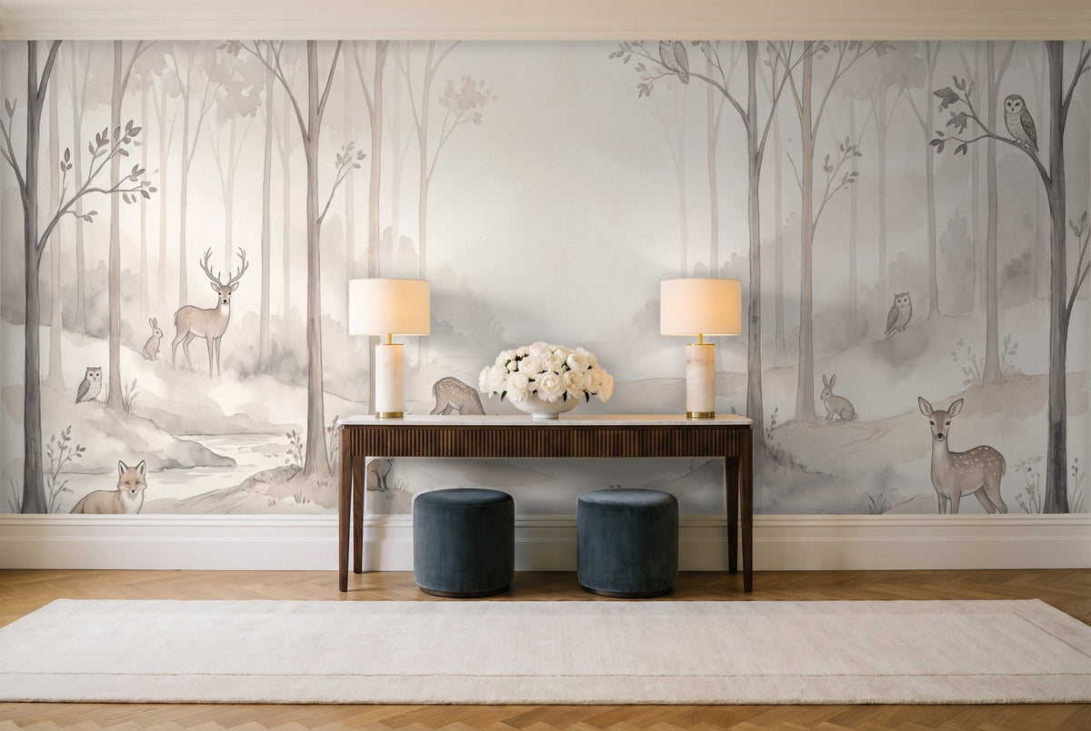 Cream Woodland Animals Landscape Mural in an entryway