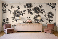 Black And White Rose Floral Mural in a living room