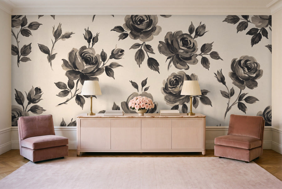 Black And White Rose Floral Mural on a wall