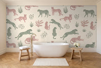 Green And Pink Cheetah Animal Mural in a bathroom