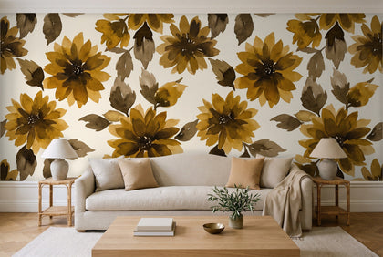 Ochre Dahlia Floral Mural in a living room