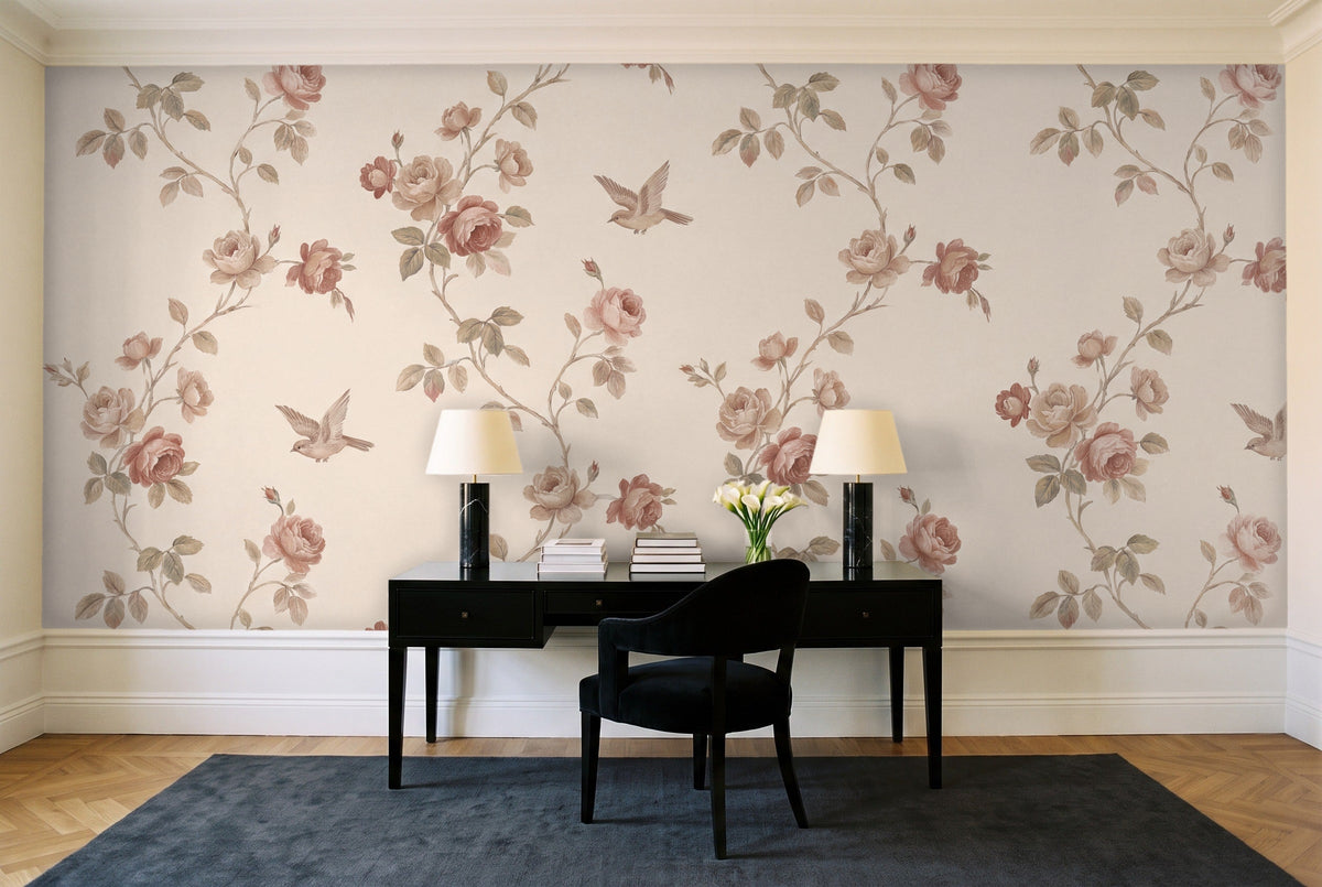 Blush Rose Floral Mural in a home office