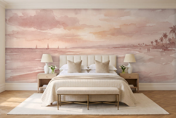 Blush Beach Sunset Landscape Mural, in a bedroom
