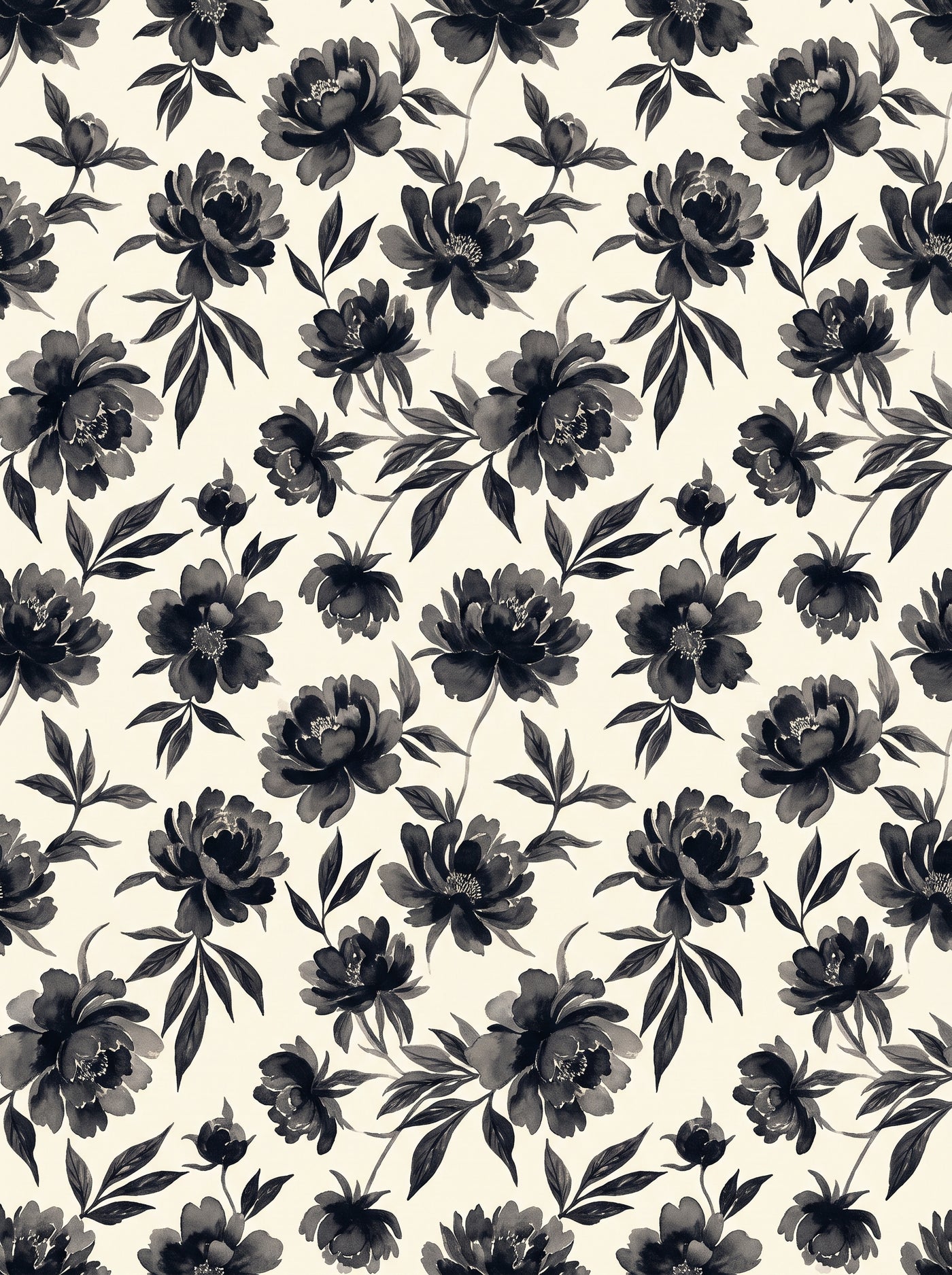 Black-and-white Peony Floral Mural design