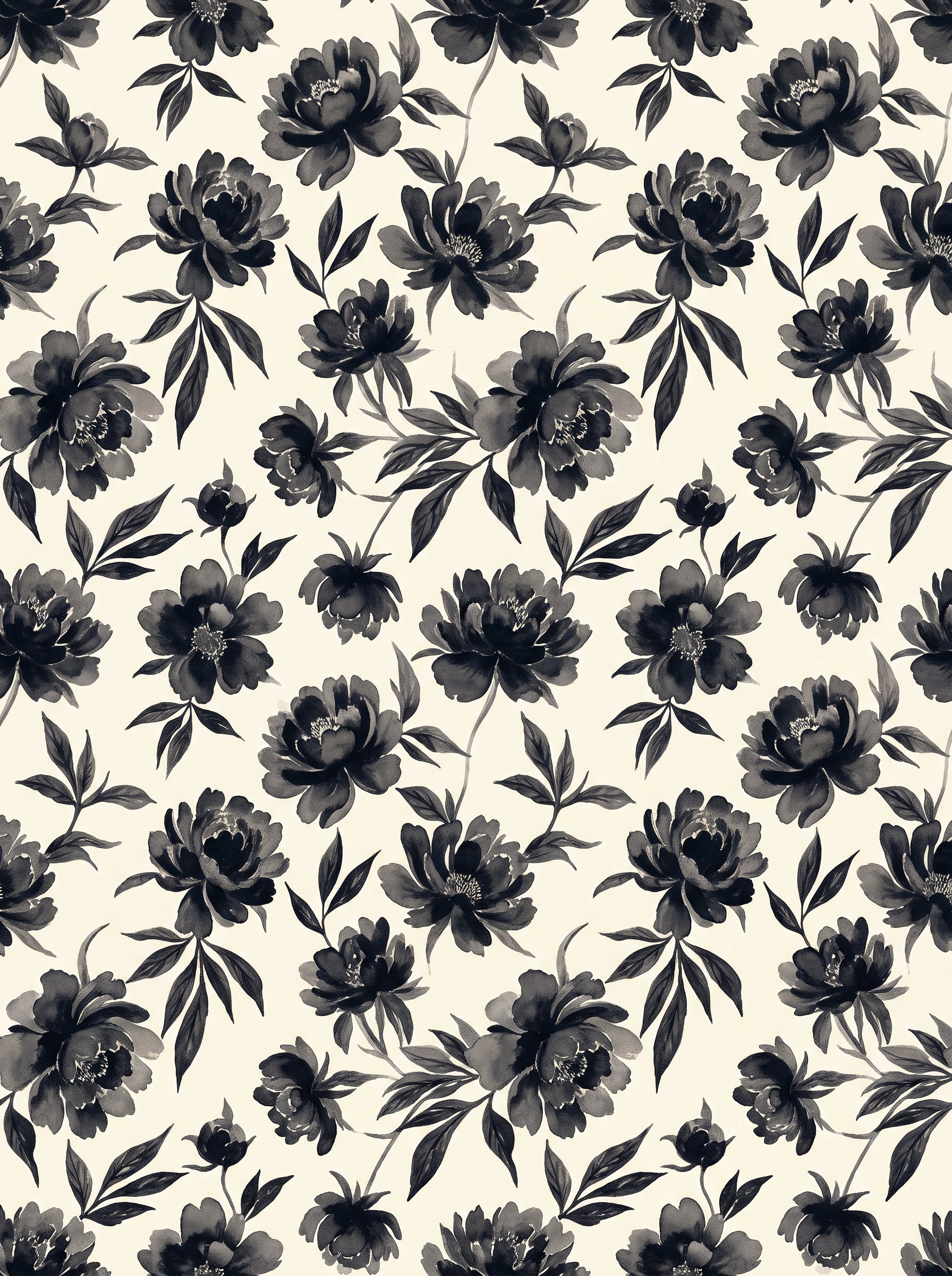 Black-and-white Peony Floral Mural design