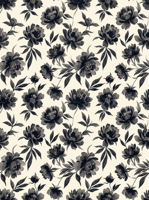 Black-and-white Peony Floral Mural design