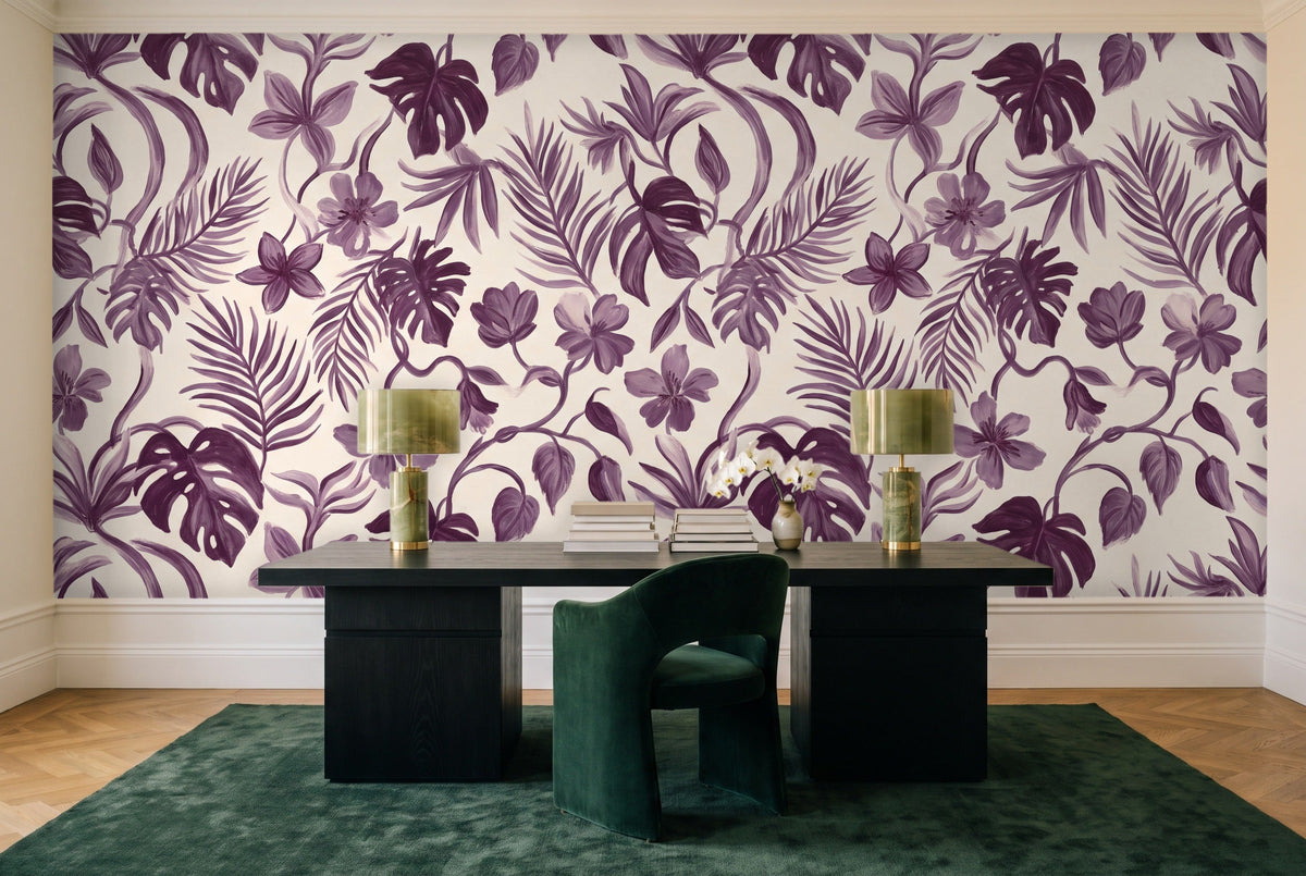 Purple Jungle Tropical Mural in a home office